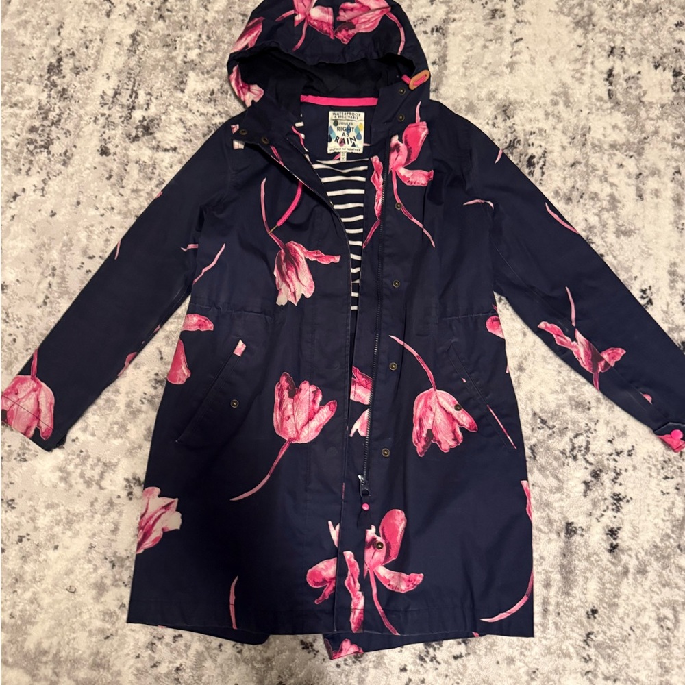 Joules Navy and Pink Floral Rain Jacket